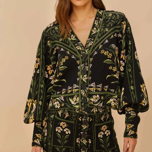 FARM Rio Tops - Farm Rio Black Flowers Arch Knit Cardigan